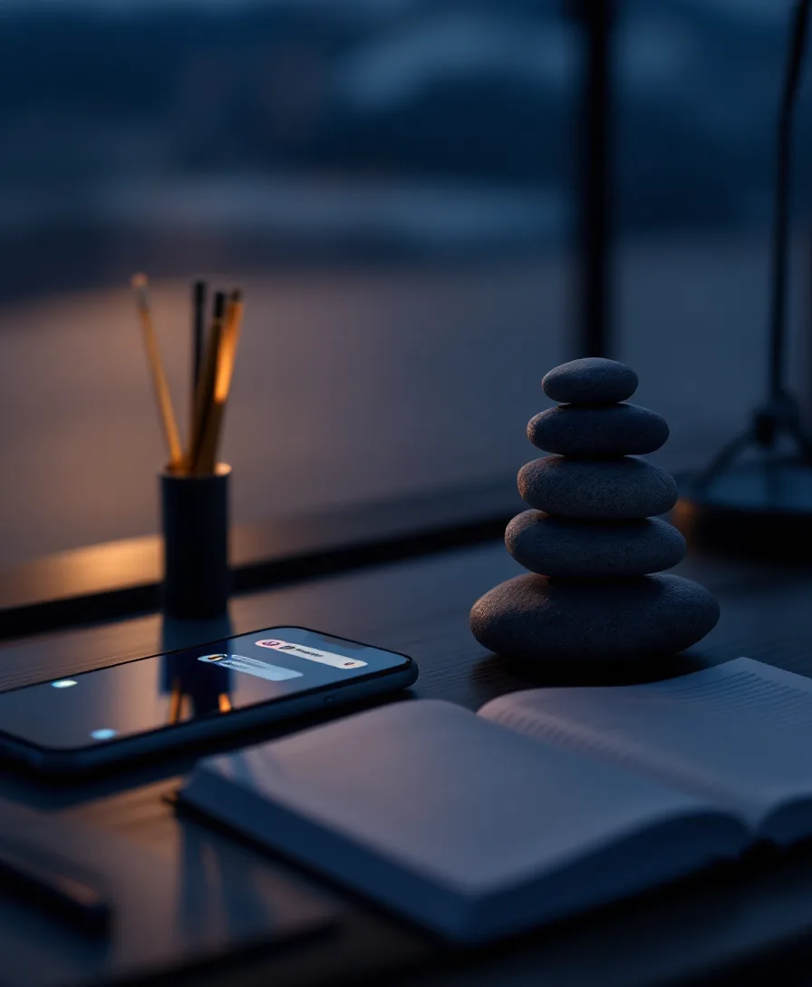 A phone glowing with social notifications resting on a desk at dusk, smooth river stones stacked beside it