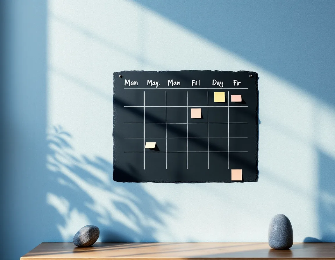 The Sisyphus Social workspace — a chalkboard content calendar with weekly columns under warm desk light
